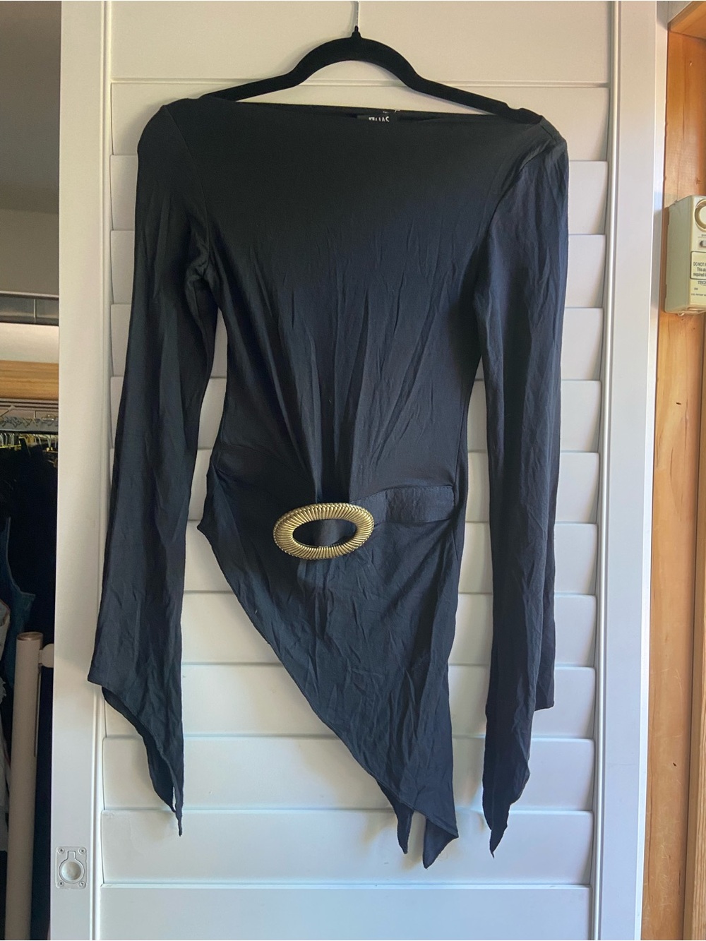 Alias Black Asymmetrical Long-Sleeve Top with Gold Oval Buckle
